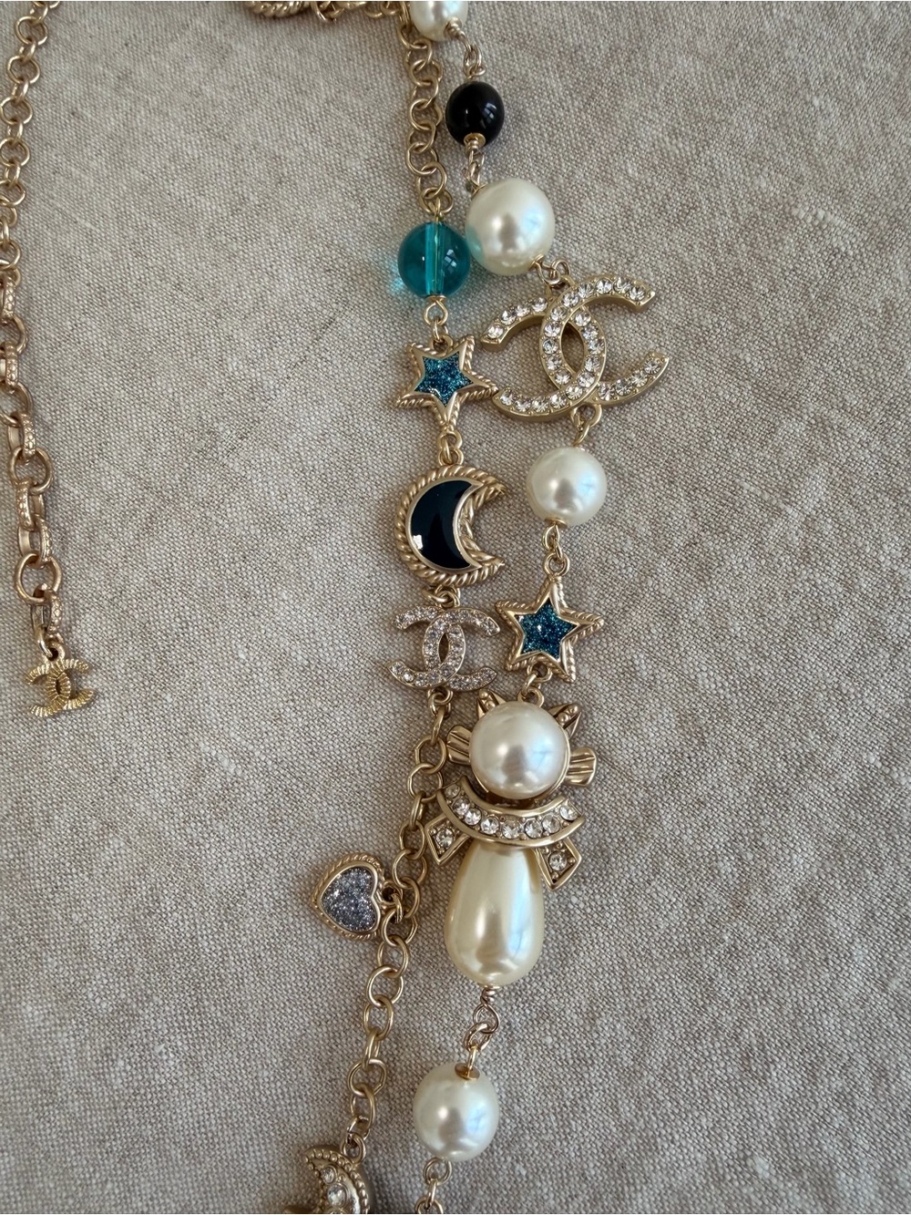 💙CHANEL Gold-Tone Multi-Strand Pearl Necklace with Blue Stars & Black Beads✨ - Picture 5 of 11